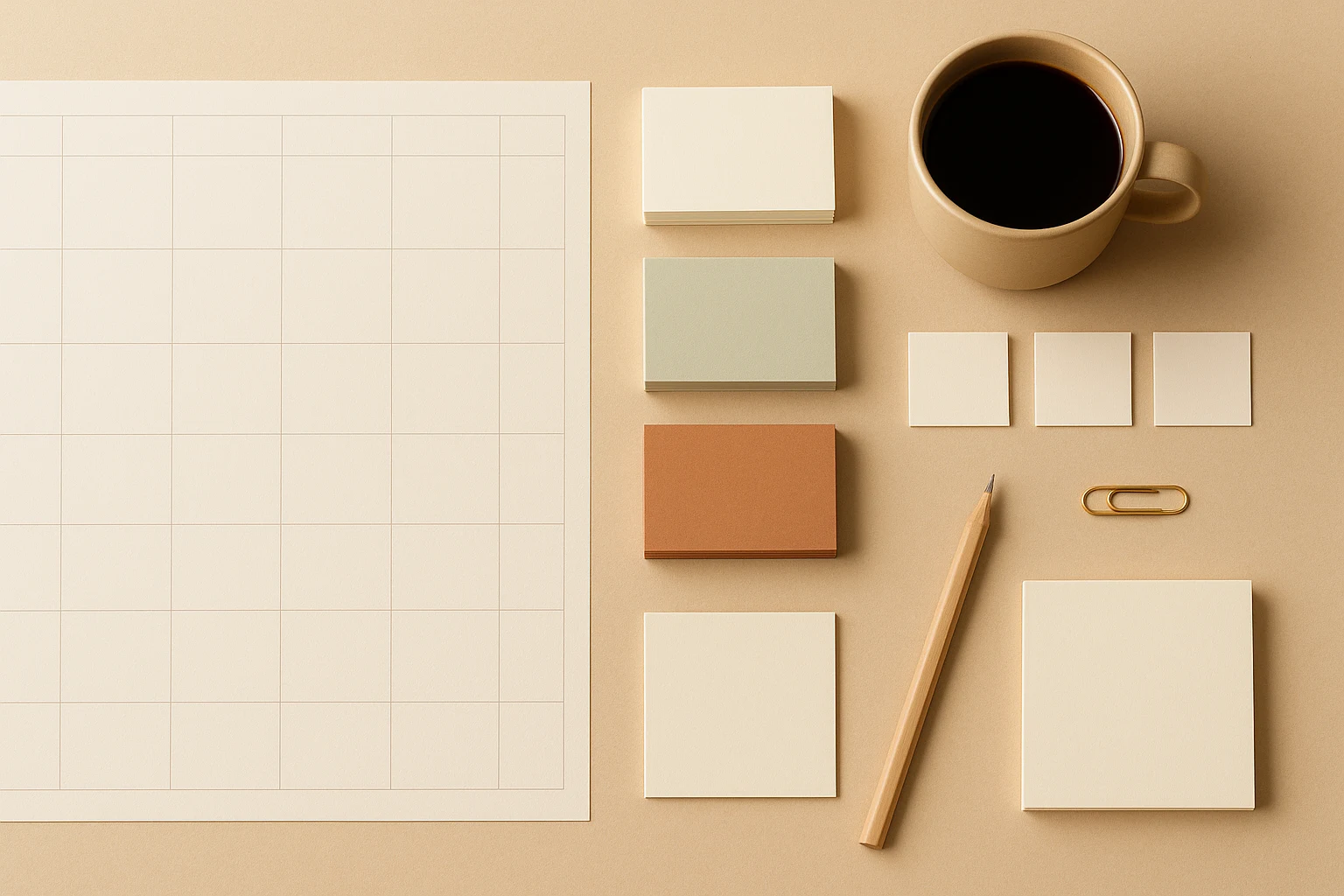 Overhead photograph of a planning desk with a blank ninety-day calendar grid, stacked plain cards in warm neutral tones, a pencil and a cup on a cream surface