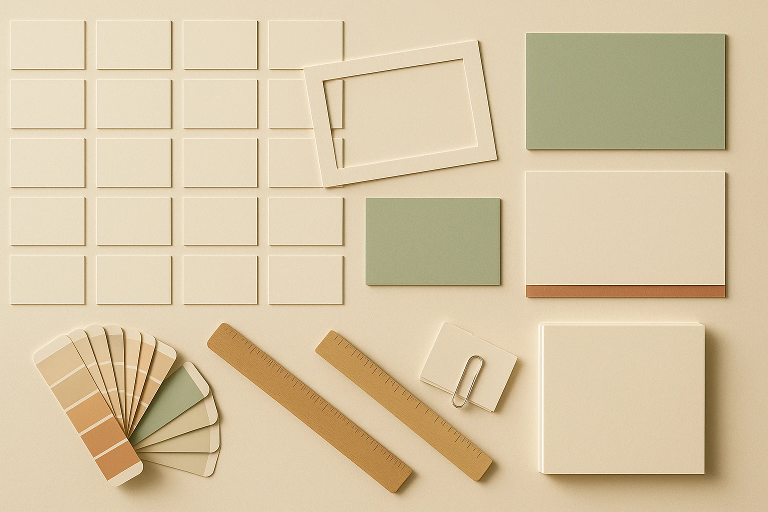 Overhead editorial flat lay of a blog image production desk — a neat grid of small blank printed cards in identical proportions, three larger blank cards set slightly apart, a paper crop frame, a fanned colour swatch book, a plain ruler and a stack of unmarked paper on a warm cream surface