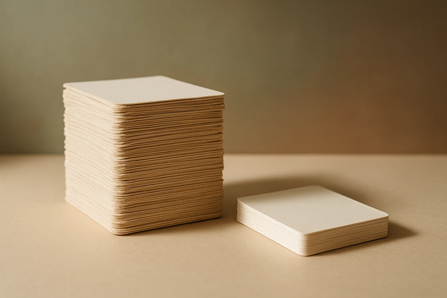 Editorial photograph of two identical stacks of blank cards on a warm cream surface, one stack worn and dog-eared from repeated handling and the other still crisp but reduced to a few remaining cards, lit by soft directional daylight
