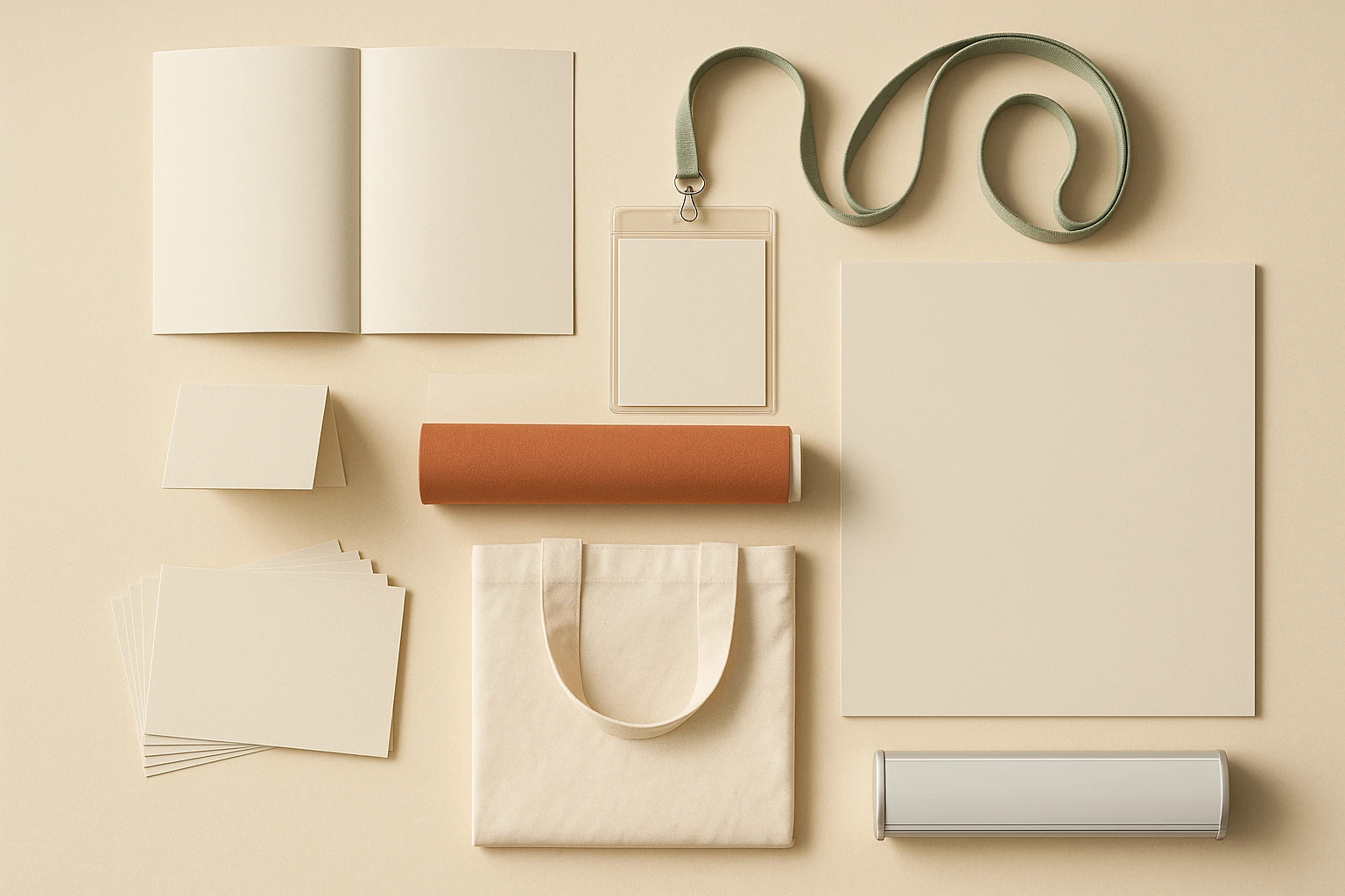 Overhead arrangement of blank event collateral — folded programme, delegate badge and lanyard, table tent, rolled banner, signage panel and tote bag — laid out on a warm cream surface, showing the range of items a single event identity has to be produced across