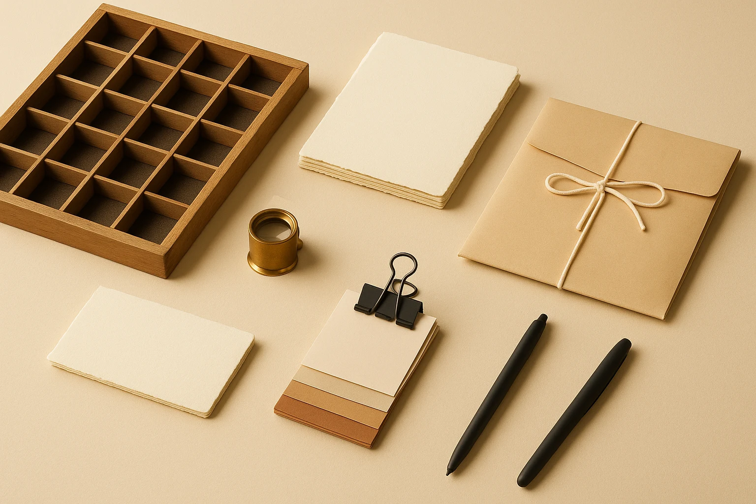 Photographic still life of an empty wooden type case, blank specimen cards, a brass loupe, a tied document wallet and warm-toned paper swatches on a cream surface