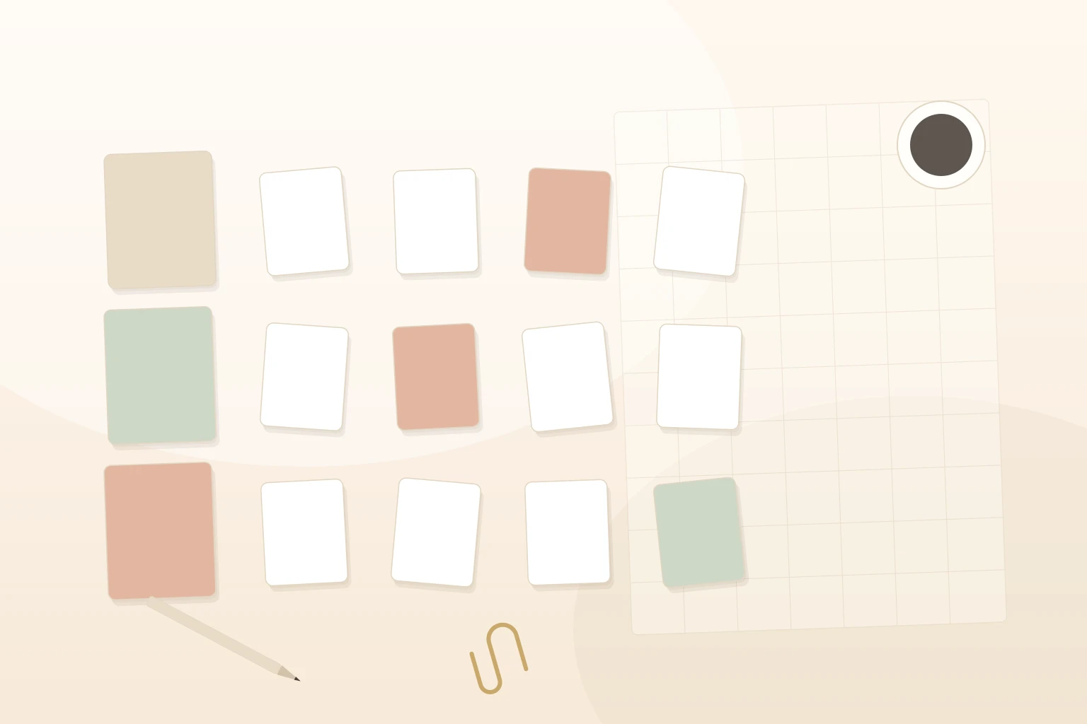 Overhead photograph of a warm cream surface with blank cards arranged in branching rows beside a plain grid sheet, a pencil and a coffee cup