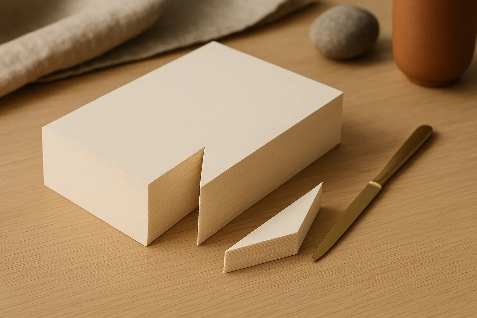 A thick block of blank cream paper on a warm oak desk with a thin wedge sliced cleanly out of one corner, the cut-away sliver lying beside a brass paper knife in soft natural light