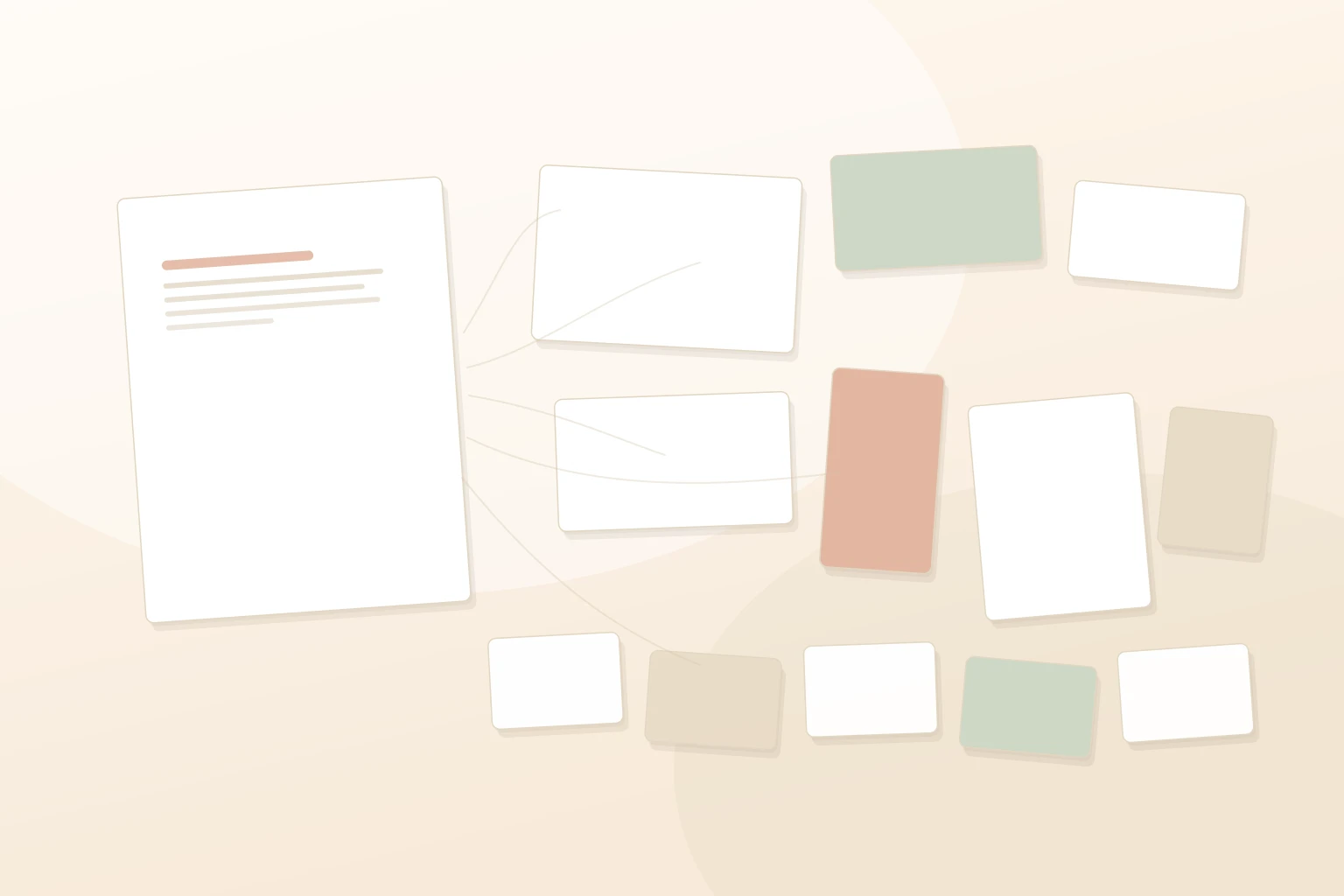 Overhead photograph of a warm cream desk surface with a neat stack of blank printed notices, an open notebook, a ceramic mug and a pen