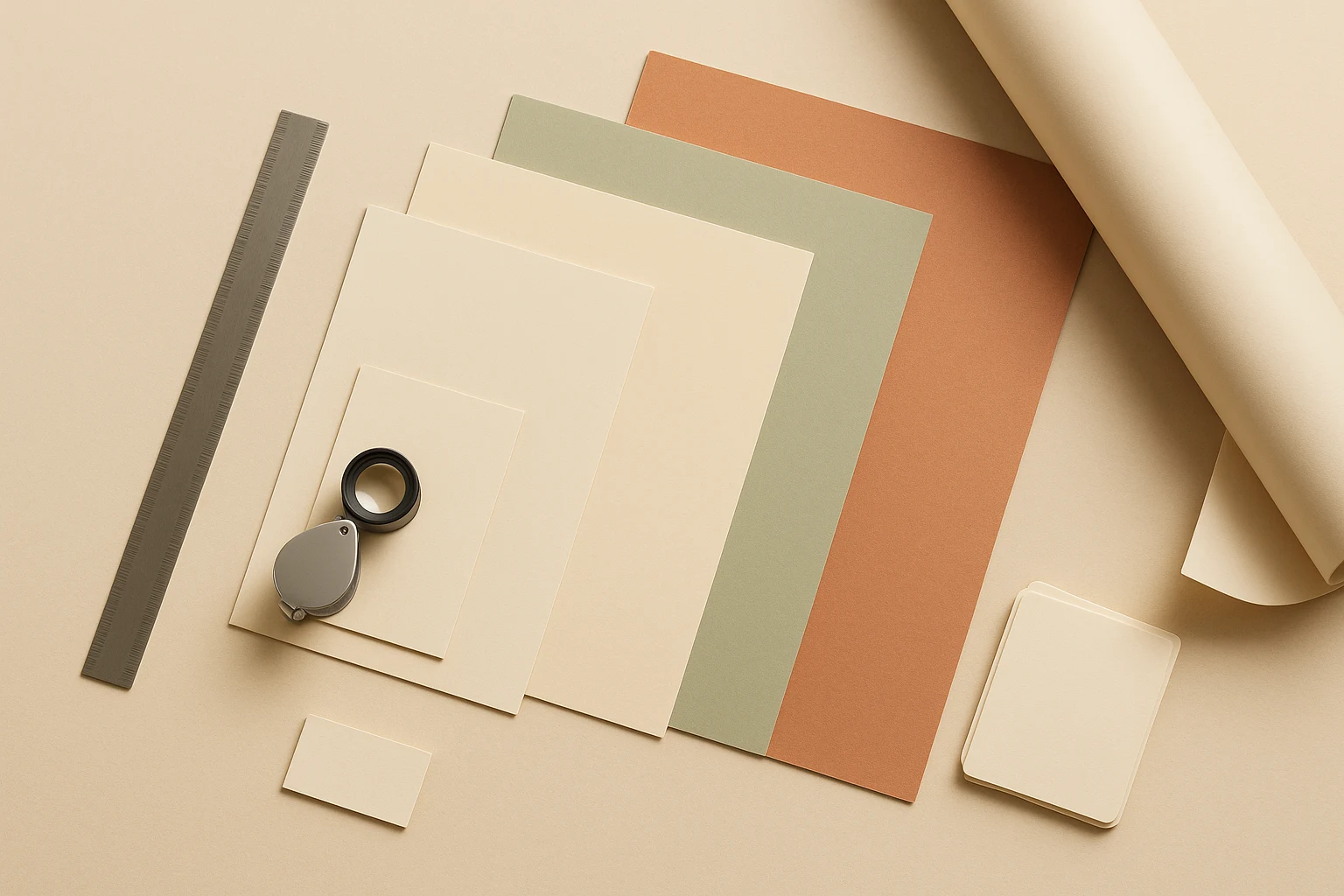 Overhead editorial view of a large format print studio bench — blank cream, sage and terracotta print samples in graduated sizes fanned across a warm surface beside a loupe, a steel rule and a roll of unprinted banner media