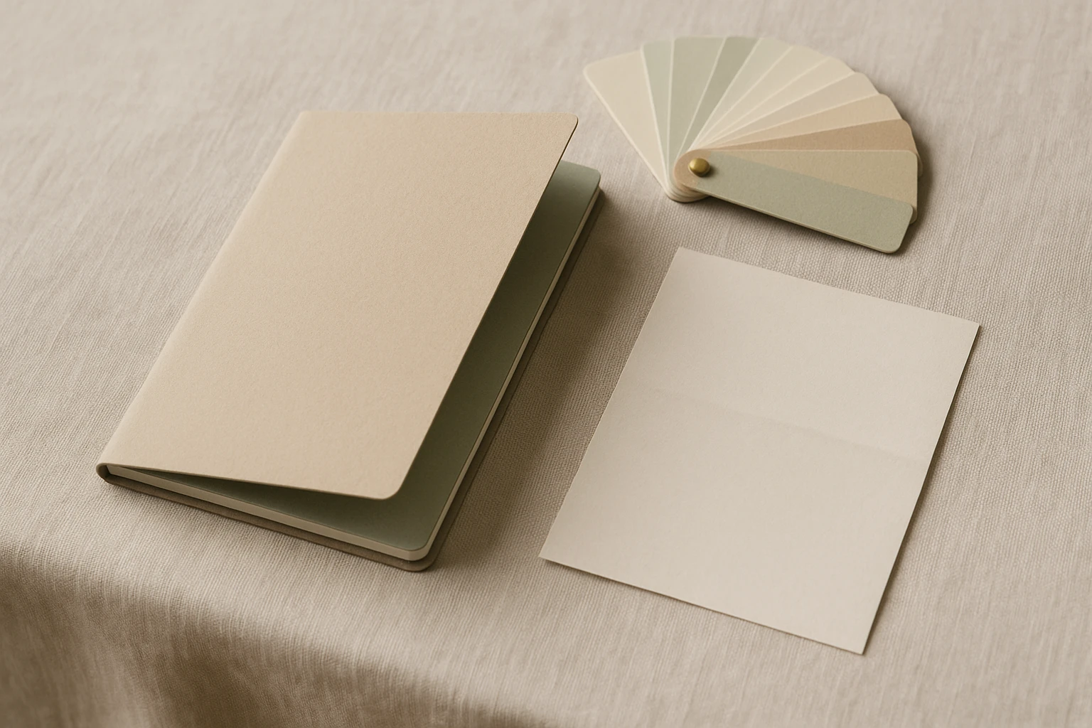 A closed menu in a warm card cover resting on a linen-covered table, beside a printer's paper swatch fan opened in a partial arc and a single loose folded insert sheet, in soft natural light