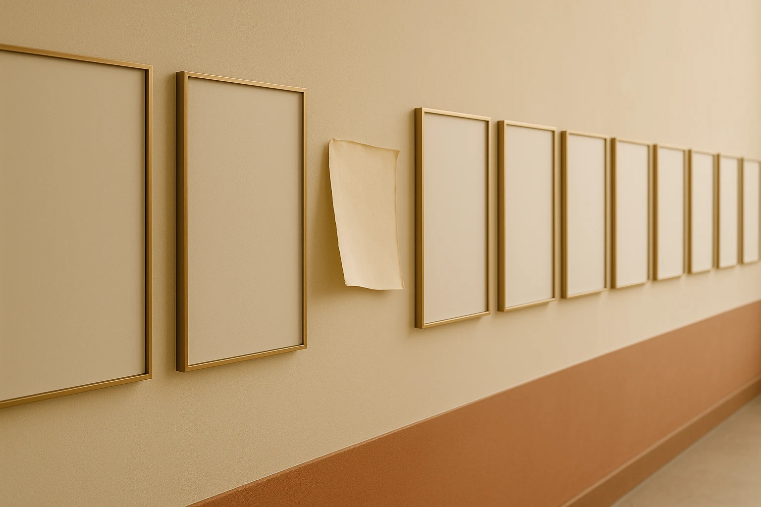 Editorial photograph of a long receding row of identical blank posters in matching brass frames along a warm cream wall, with one smaller hand-cut sheet taped crookedly to the wall between them, unframed and curling at the corner