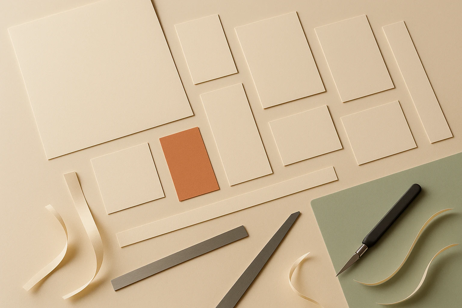 Photographic overhead of a large blank poster sheet on a cutting mat, with smaller blank paper rectangles in square, portrait, vertical and wide banner proportions cut from it and fanned out beside a steel ruler and scalpel