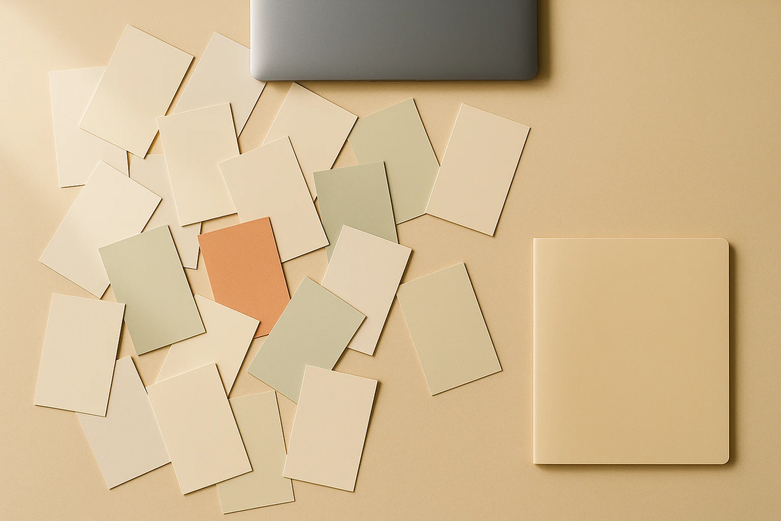 Overhead editorial view of a cluttered small-business marketing desk — overlapping near-identical printed flyers in slightly mismatched cream, sage and terracotta tones, a laptop turned face down, and one clean unmarked folder set apart from the pile