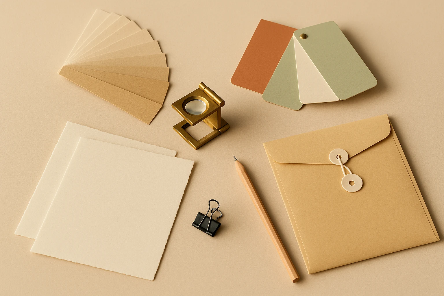 Overhead photograph of a print shop estimating desk with blank paper swatches, an ink fan, a loupe and a job docket on a warm neutral surface
