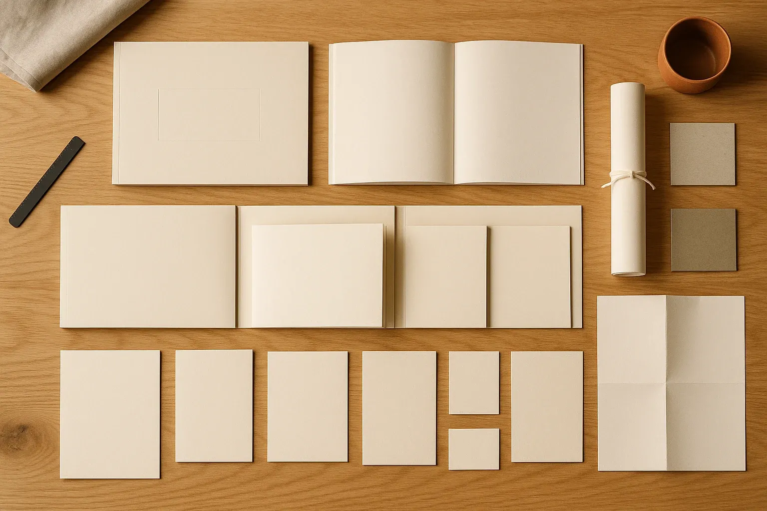 Overhead arrangement of blank property launch collateral formats — a large-format brochure, folded site plan, floor plate sheets, unit fact cards and a presentation folder — laid out on a warm cream surface