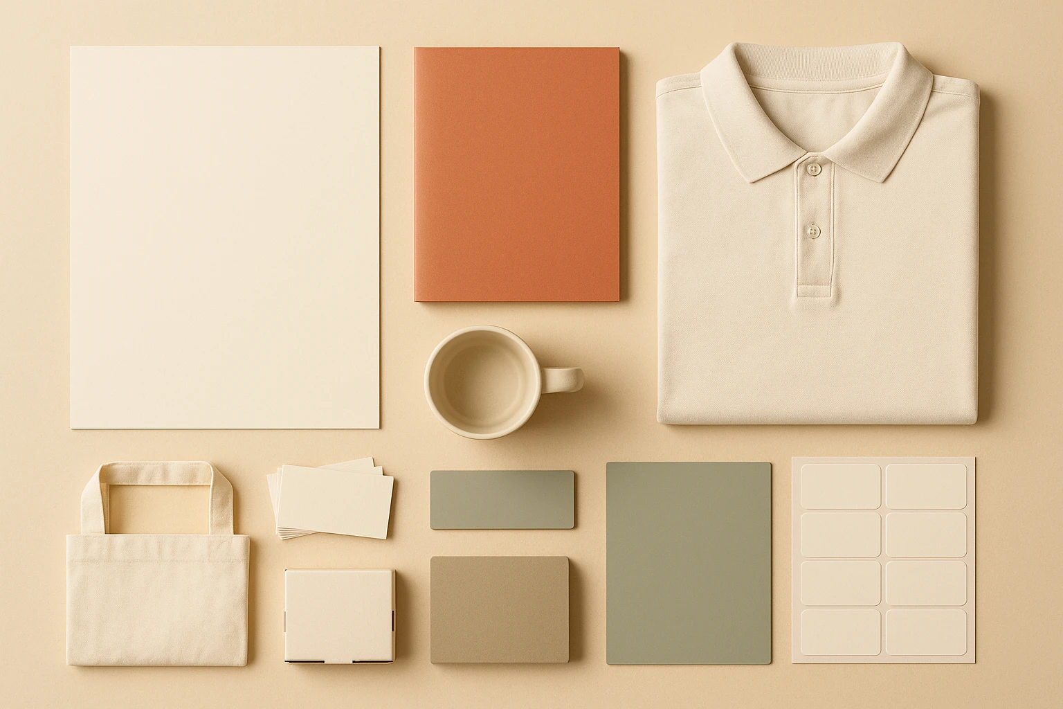 Overhead flat lay of blank, unbranded business surfaces — letterhead, presentation folder, business cards, ceramic mug, cotton tote, polo shirt, folded carton and a rigid signage panel — arranged in a grid on a warm cream surface, representing the range of surfaces a single identity has to be applied across