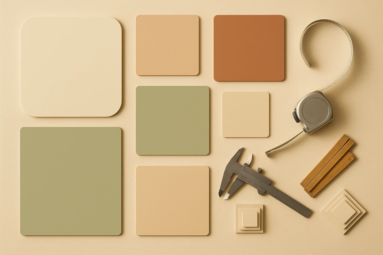 Overhead view of a sign fabricator's bench — blank cream, sage and terracotta sign panels laid out in a grid beside a steel tape measure, calipers, a folding rule and a graduated stack of acrylic squares, representing letter height specification before fabrication