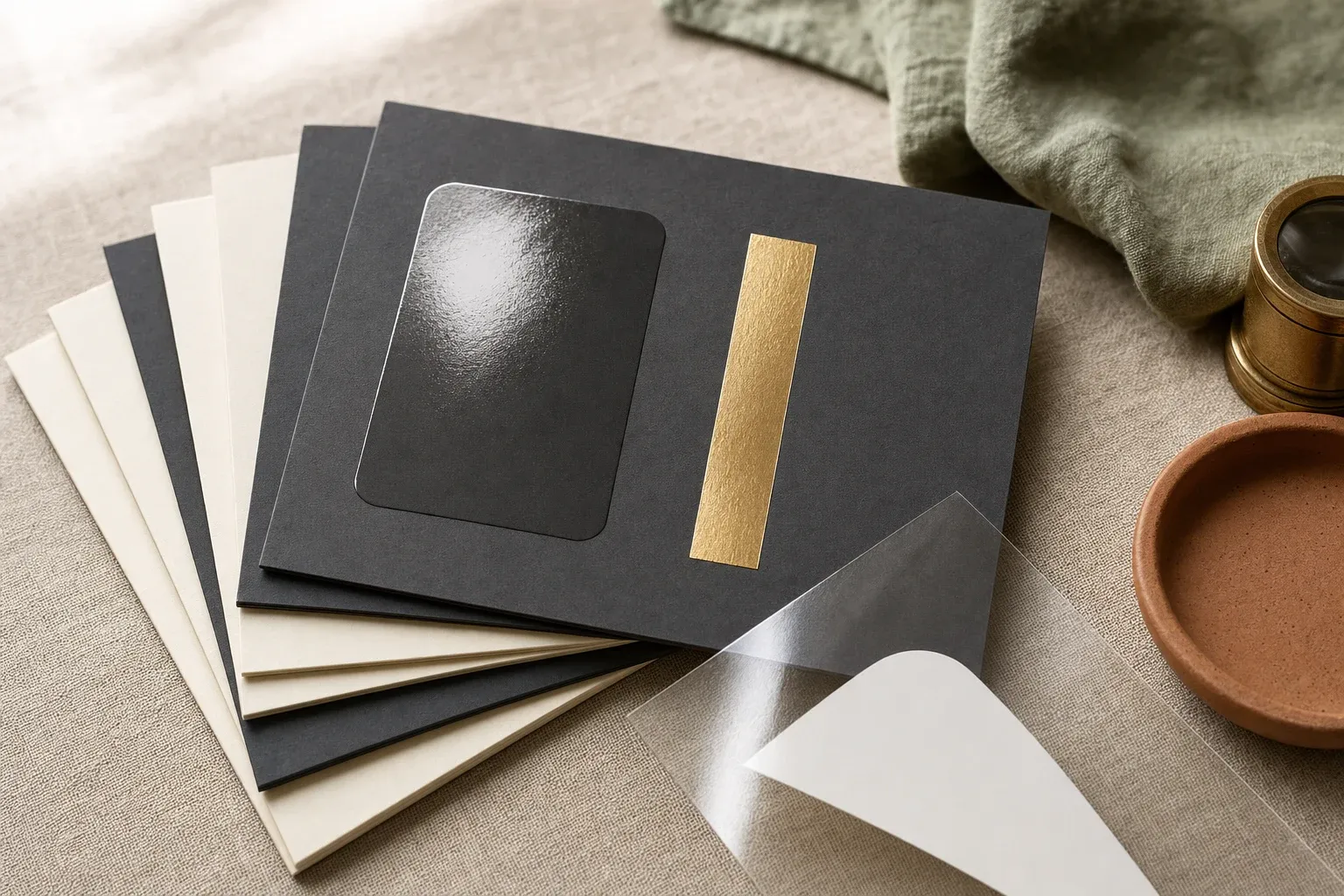 A fanned stack of blank cream and charcoal cards on warm linen, the top matt charcoal card carrying a high-gloss spot UV panel beside a brushed gold foil band, with a clear acetate sheet printed with an opaque white shape, a brass loupe and a terracotta dish nearby