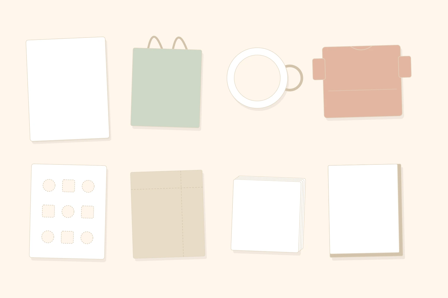 Overhead arrangement of blank printed goods and merchandise blanks laid out on a warm cream surface, showing the range of products a single stock asset can end up printed on