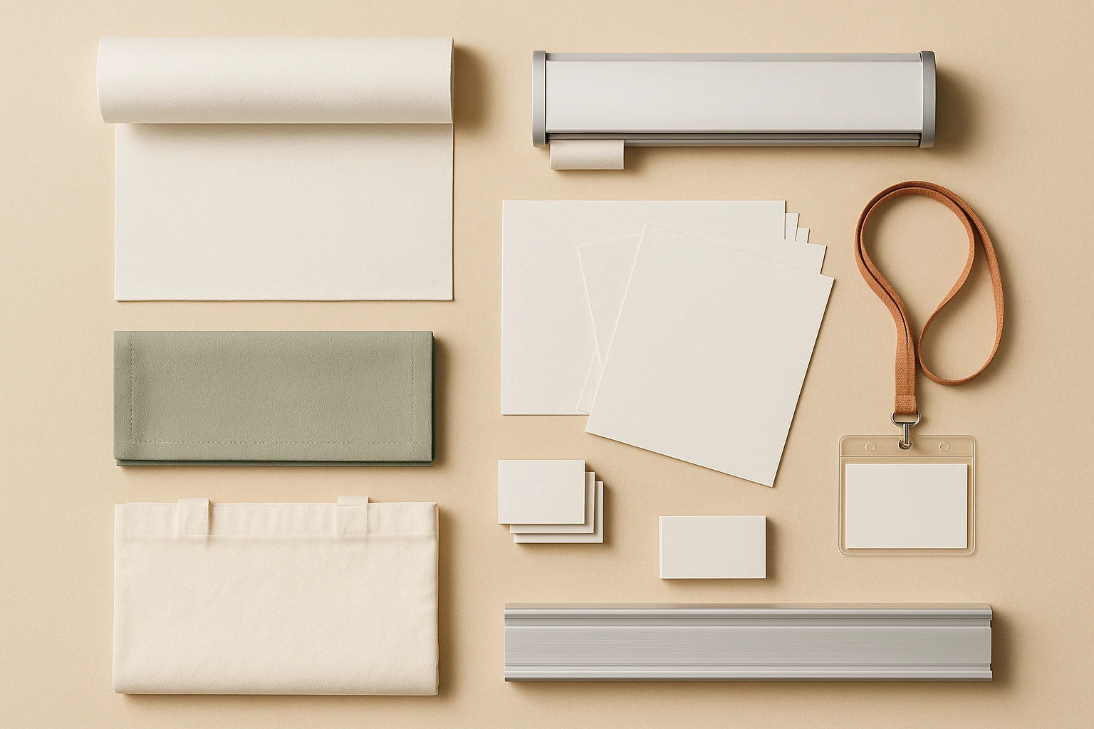 Overhead arrangement of blank, unbranded exhibitor collateral — a rolled fabric backwall panel, a retractable banner cassette, a folded table runner, a stack of blank one-page leaflets, a badge holder on a lanyard and a plain tote — laid out in a calm grid on a warm cream surface