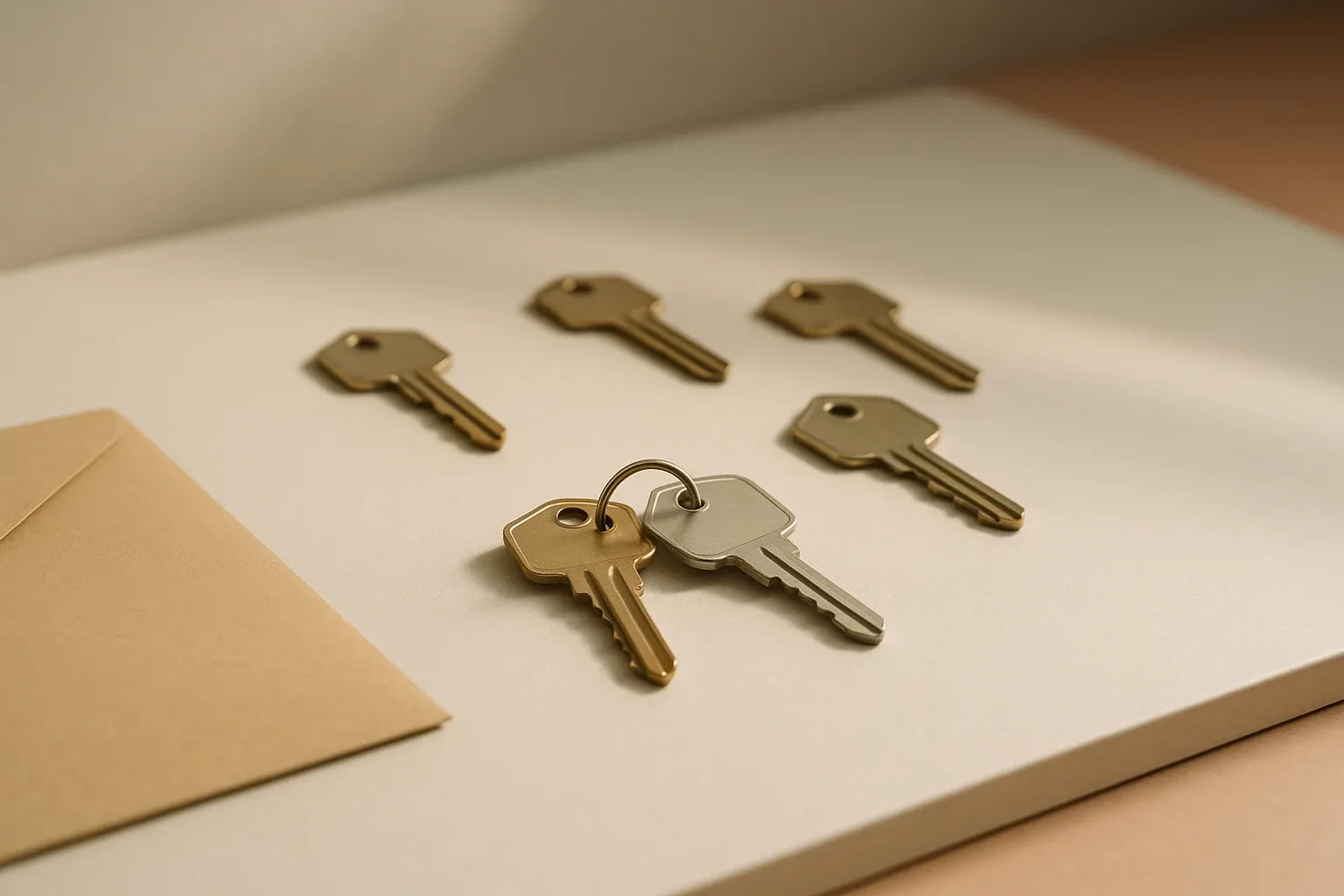Six plain unmarked keys arranged on a warm cream surface, two threaded together on a small split ring in the foreground and four lying loose and unattached behind them, with a plain sealed envelope at the left edge of frame