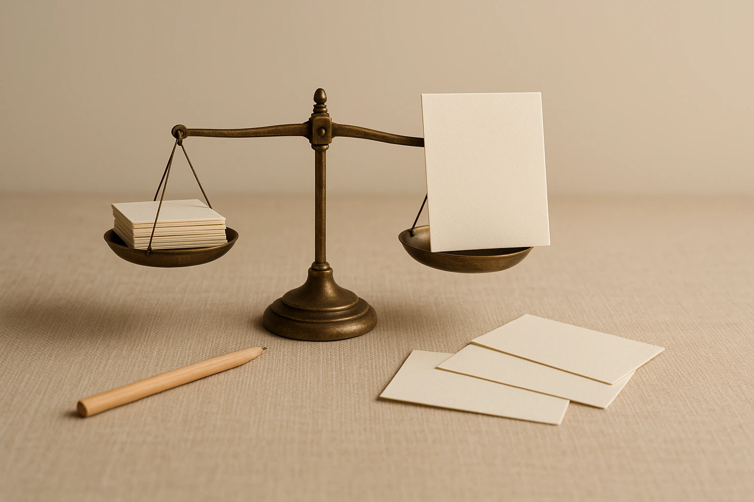 A small brass balance scale on a warm linen desk with a short stack of blank cards in one pan and a single thicker blank card in the other, in soft natural light